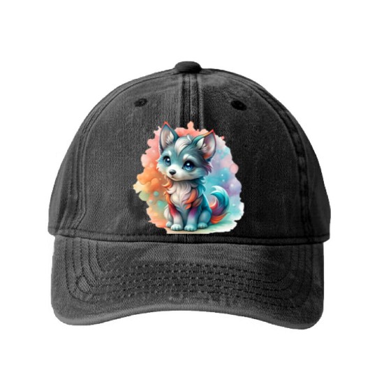 Cute Chibi Grey Wolf For Wolf Lovers Washed Denim Baseball Caps