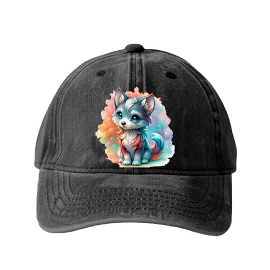Cute Chibi Grey Wolf For Wolf Lovers Washed Denim Baseball Caps