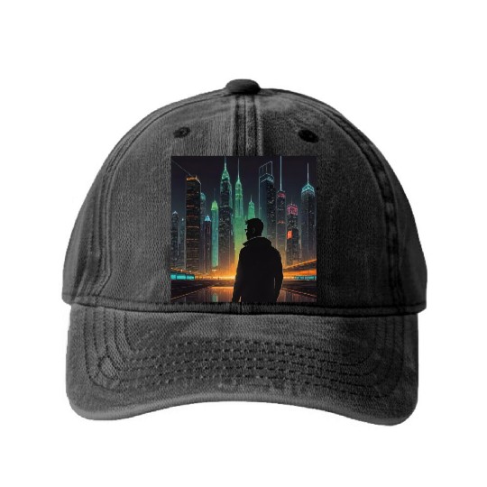 Neon Horizon: A Futuristic Cityscape Washed Denim Baseball Caps