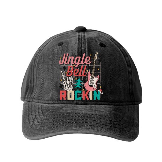 Jingle Bell Rocking Funny Xmas Guitar And Skeleton Washed Denim Baseball Caps