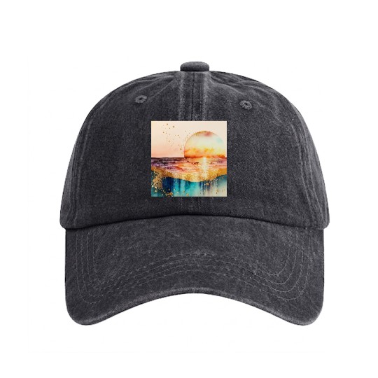 Sunset Beach Watercolor Painting Washed Denim Baseball Caps