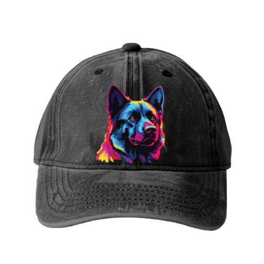 Watercolor Colorful Norwegian Elkhound Washed Denim Baseball Caps