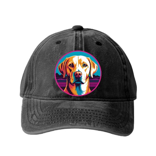 Synthwave Labrador Retriever 2 Washed Denim Baseball Caps