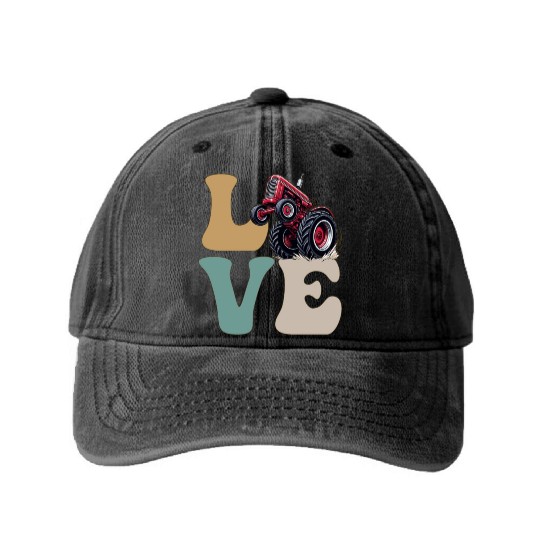 LOVE Tractor Pulling Tractor Driver Farmer Farming Washed Denim Baseball Caps