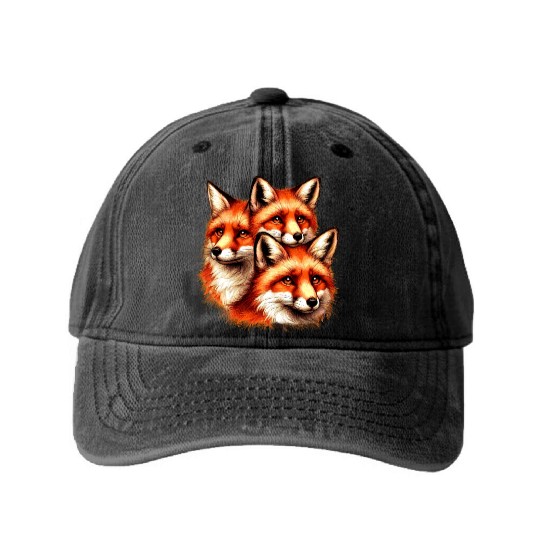 Three Red Fox Faces Washed Denim Baseball Caps