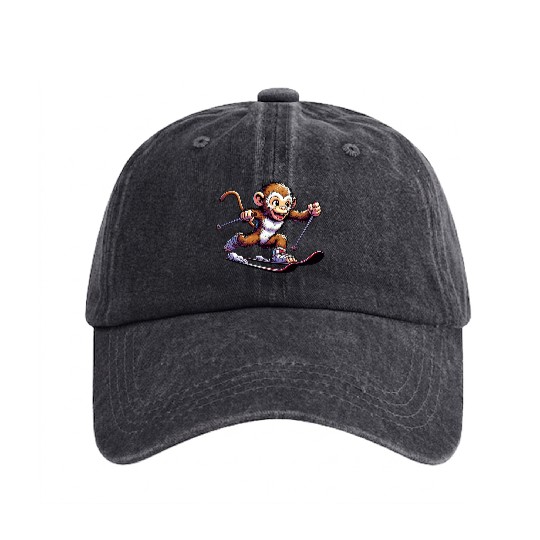 Monkey Chimpanzee Skier Winter Vacation Design Washed Denim Baseball Caps