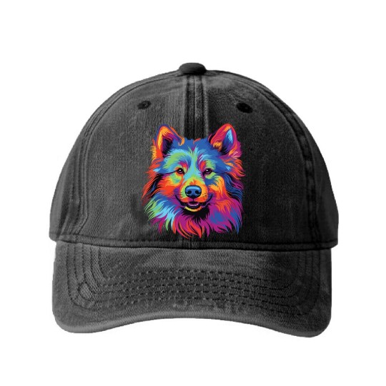 Watercolor Colorful Finnish Lapphund Washed Denim Baseball Caps