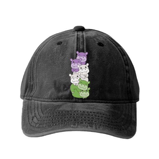 Genderqueer Flag Pride Lgbtq Cute Hippo Washed Denim Baseball Caps