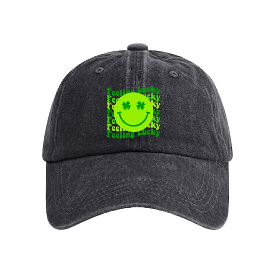 Irish Clover Feeling Lucky Smiling Face Washed Denim Baseball Caps