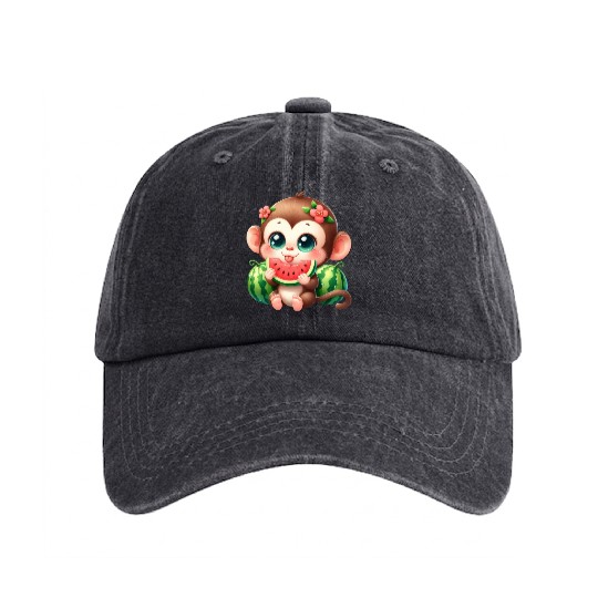 Monkey Eating Watermelon Washed Denim Baseball Caps