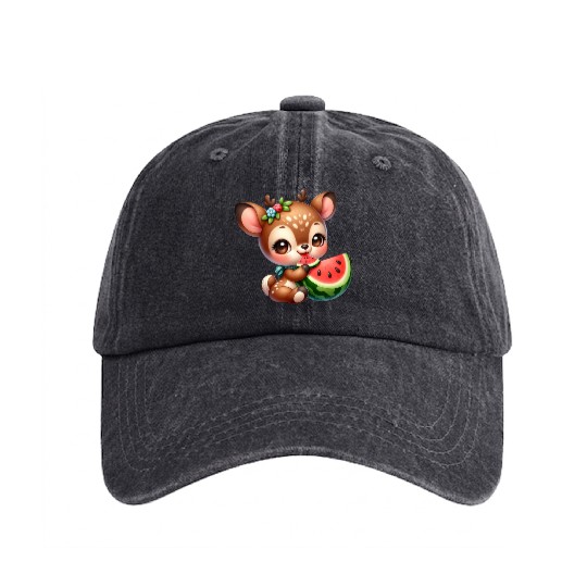 Deer Eating Watermelon Washed Denim Baseball Caps