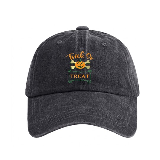 Trick or treat crossbones Halloween pumpkin Washed Denim Baseball Caps