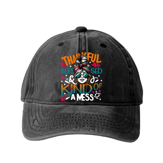 Thankful Blessed and Kind of a Mess Messy Bun Washed Denim Baseball Caps