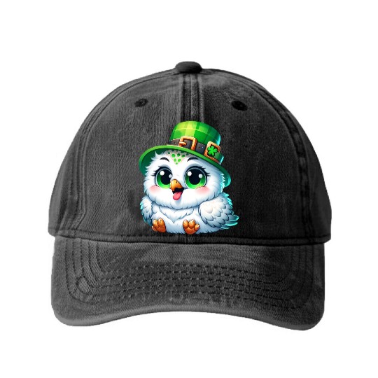 St. Patrick's Cute Snowy Owl Washed Denim Baseball Caps