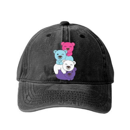 Multisexual Flag Pride Lgbtq Cute Bears Pile Washed Denim Baseball Caps