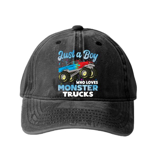 Just A Boy Who Loves Monster Trucks Toddler Kids Washed Denim Baseball Caps