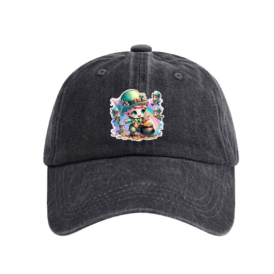 Saint Patrick's Day Chibi Leprechauns Washed Denim Baseball Caps