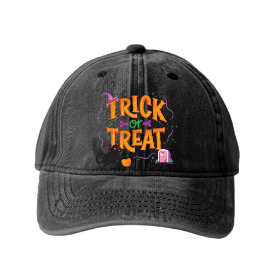 Trick or Treat Halloween. Washed Denim Baseball Caps