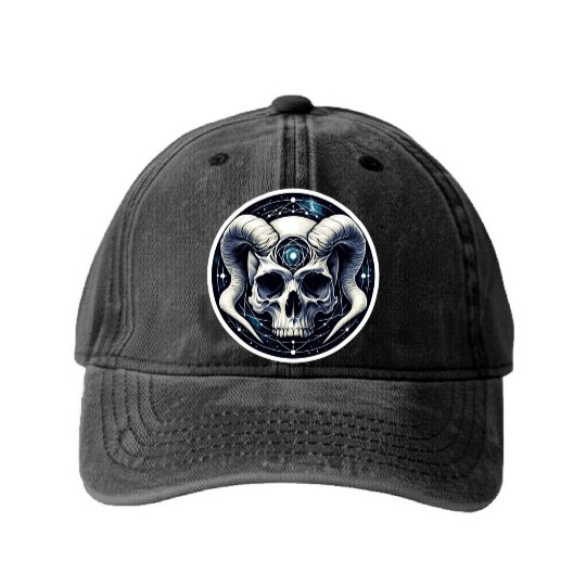 Cosmic Nirvana Serenity: Horned Skull Washed Denim Baseball Caps