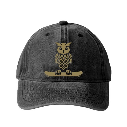 Minimalist Design: Owl Snowboarder Silhouette Washed Denim Baseball Caps
