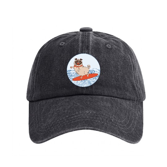 Waves riding pug puppy on surfboard Washed Denim Baseball Caps