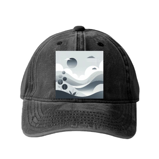 "Tranquil Monochrome Horizon" Washed Denim Baseball Caps