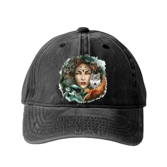 Wildlife Tribal Wolf Owl Turtle Woman for a Washed Denim Baseball Caps