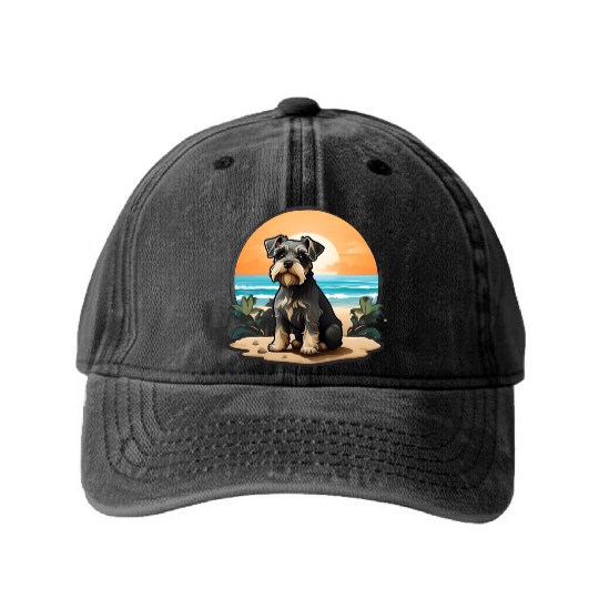 A miniature schnauzer dog in the beach Washed Denim Baseball Caps