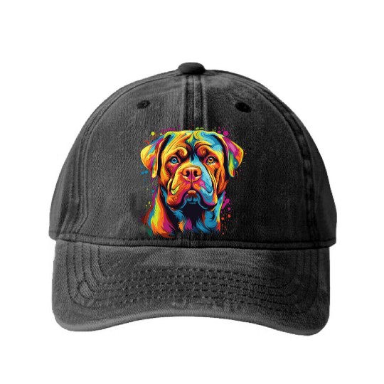 Watercolor Colorful Dogue De Bordeaux Washed Denim Baseball Caps