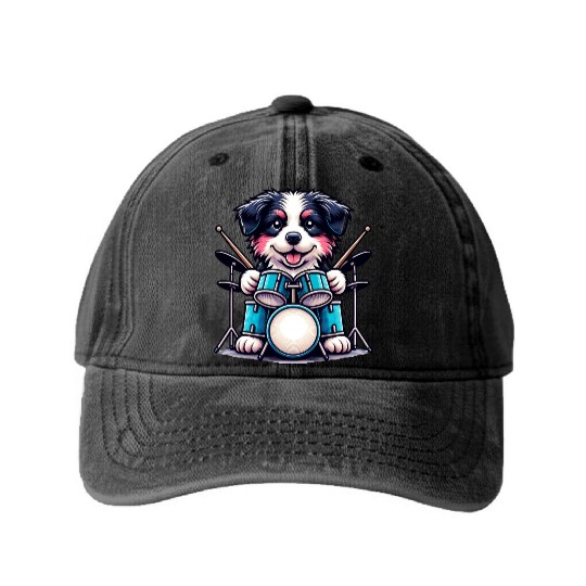 Cool Border Collie Drummer Puppy Design Washed Denim Baseball Caps