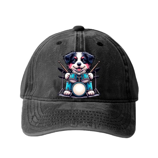 Cool Border Collie Drummer Puppy Design Washed Denim Baseball Caps