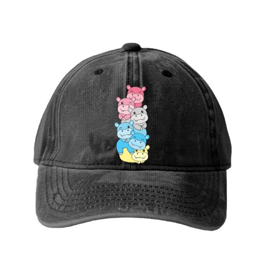 Genderflux Flag Pride Lgbtq Cute Hippo Washed Denim Baseball Caps