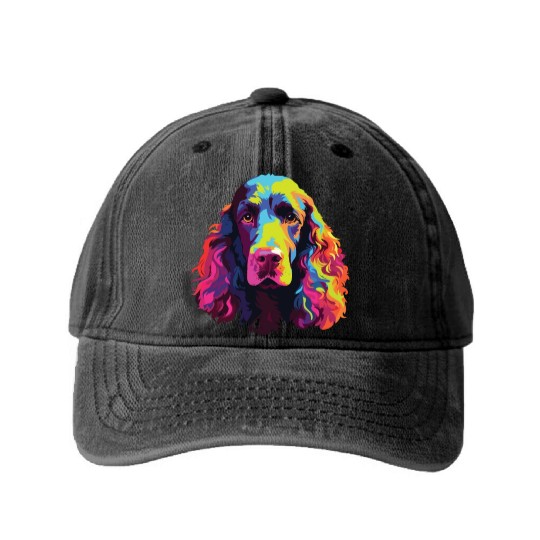 Watercolor Colorful Irish Water Water Spaniel Washed Denim Baseball Caps
