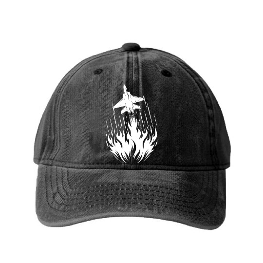 Fighter Jet Model Airplane Fire Flames Flight Washed Denim Baseball Caps