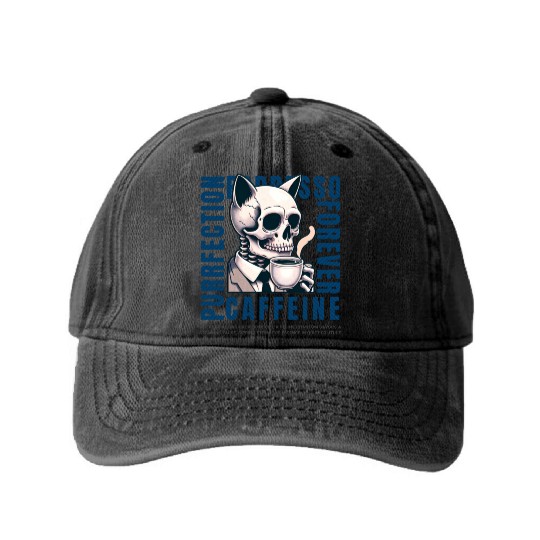 Cat Skull Caffeine Connoisseur - Eternal Coffee Washed Denim Baseball Caps