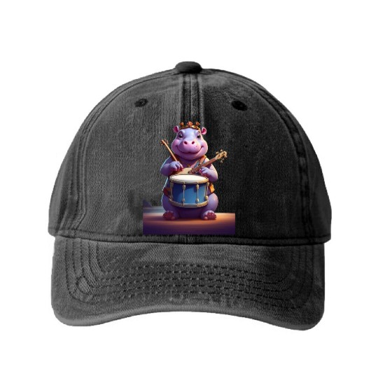Hippo playing music Washed Denim Baseball Caps