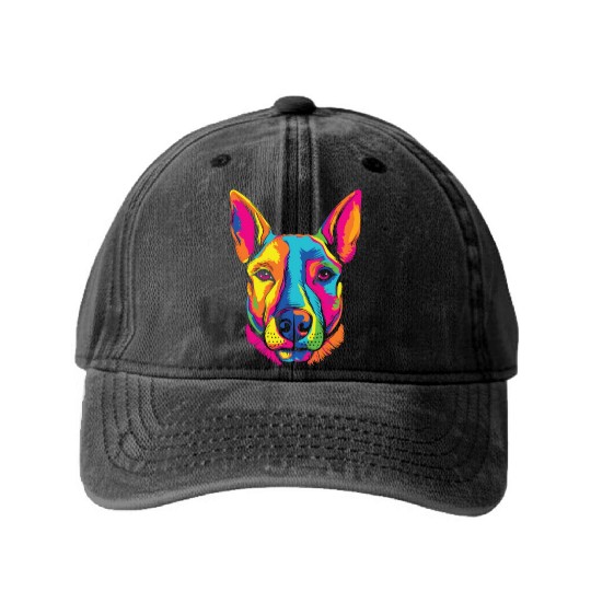 Watercolor Colorful Miniature Bull Terrier Washed Denim Baseball Caps
