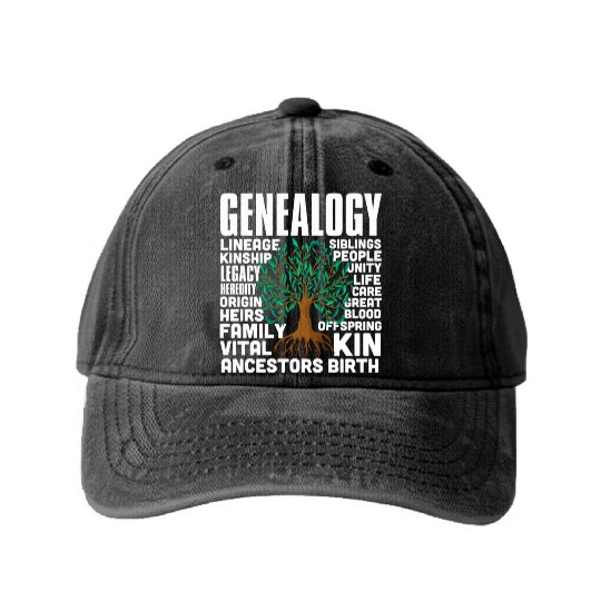 Genealogy Word Cloud Family Ancestry Genealogist Washed Denim Baseball Caps