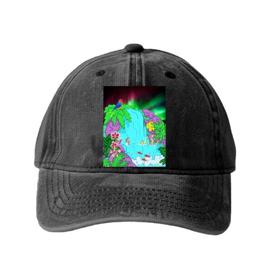 Northern Lights Waterfall Serenity with Swimmers Washed Denim Baseball Caps