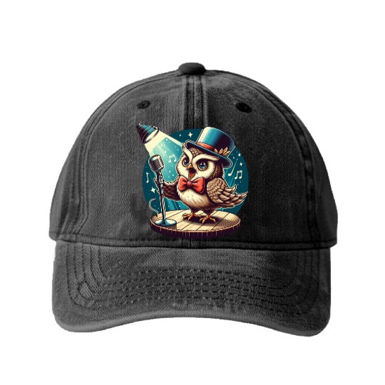 Cute Owl With A Hat Singing Karaoke Washed Denim Baseball Caps