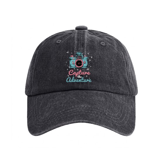 Capture The Adventure Retro Camera Photographer Washed Denim Baseball Caps