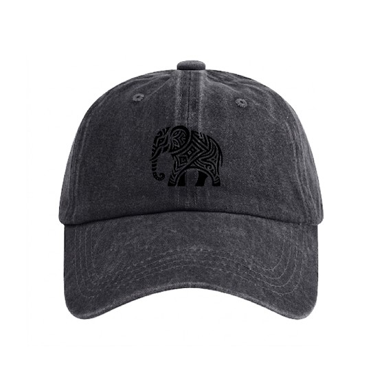 Elephant Tribal Art Tattoo With Big Ears Washed Denim Baseball Caps