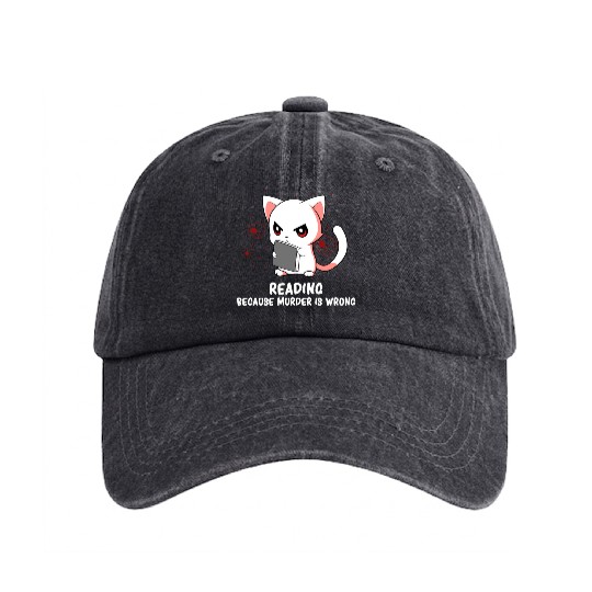Reading - Reading Cat - Dark Humor - Reading Book Washed Denim Baseball Caps