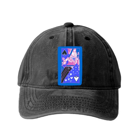 Blue Queen Of Spades Playing Card Washed Denim Baseball Caps
