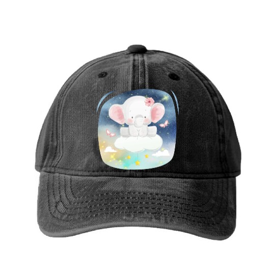 Baby Elephant Ride Up To Sky Using Cloud Excited Washed Denim Baseball Caps