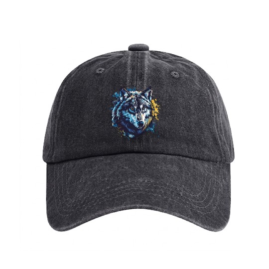 Alpha Wolf Paint Splash Washed Denim Baseball Caps