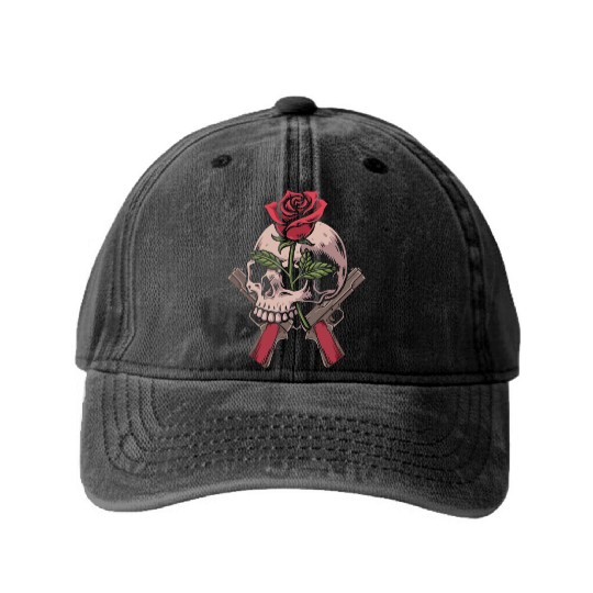 Skeleton Roses Guitar Skull Roses Guns Washed Denim Baseball Caps