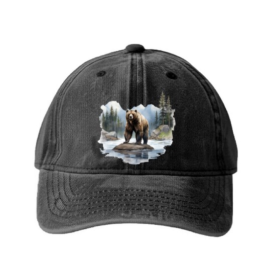 Grizzly Bear in the Wild Washed Denim Baseball Caps