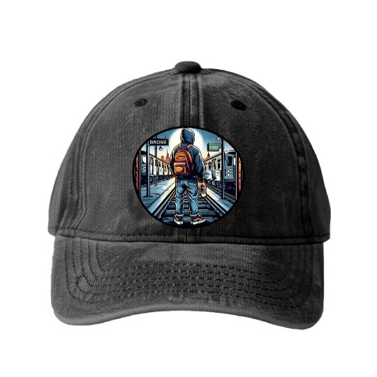 AI Teen in Outdoor Subway Yard - Circle Border Washed Denim Baseball Caps