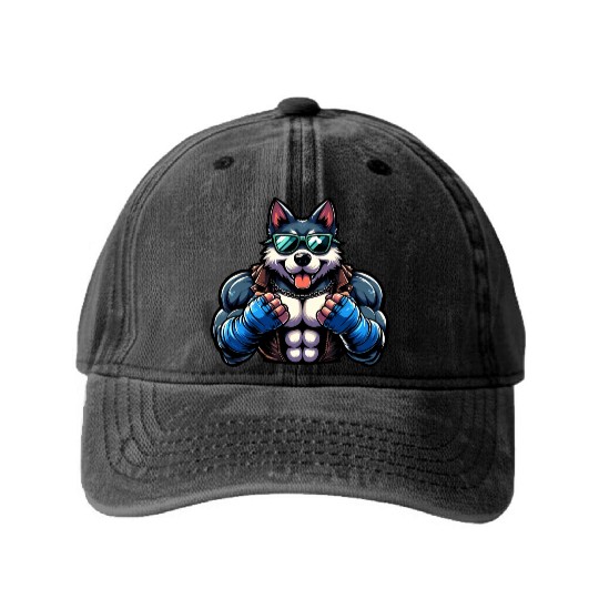 Biker Husky with Chain and Blue Gloves Washed Denim Baseball Caps